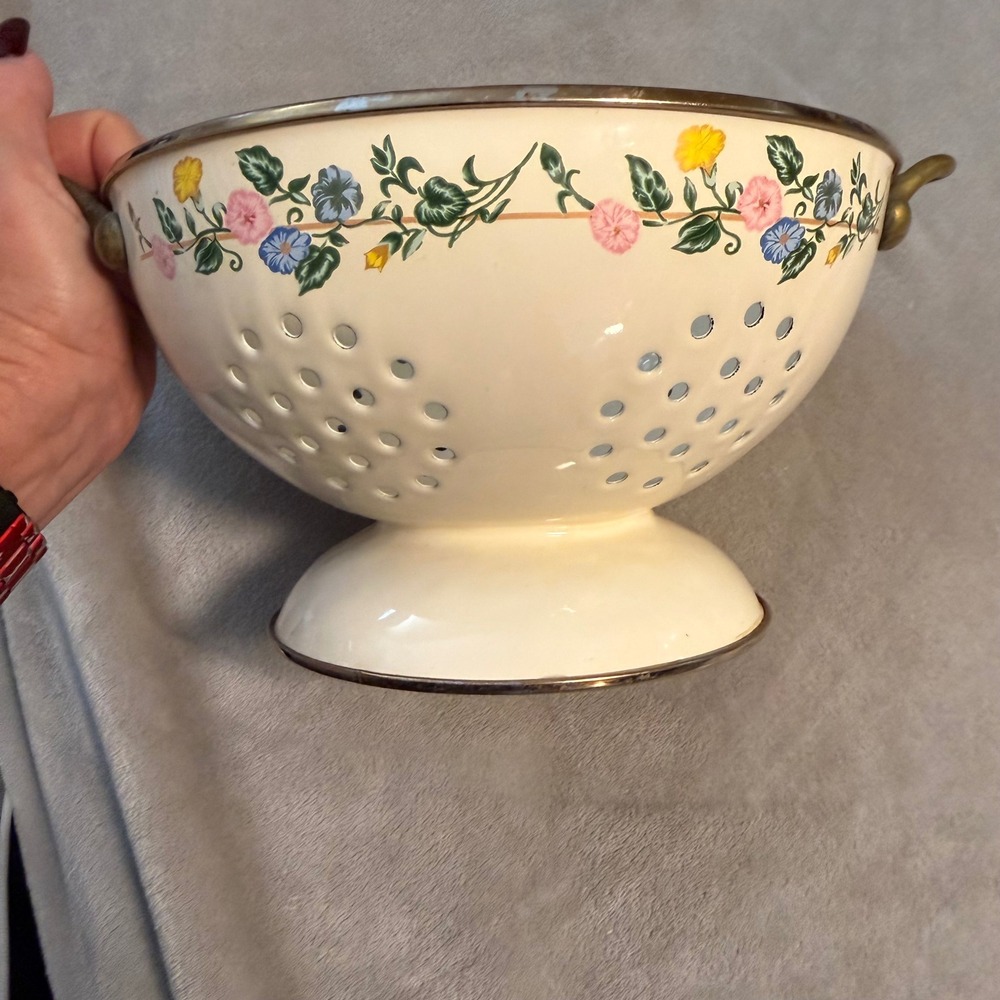 Vintage Enamelware Pedestal Colander Floral French Country Cottagecore